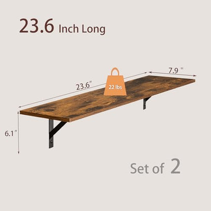 Wall Shelves, 23.6" Long Floating Shelves with Metal Brackets | Wall Mount Book Shelf, Set of 2, Easy Assembly, Max Load 22lbs, Wooden Storage Ledges, Bedroom/Bathroom/Kitchen, Rustic Brown - color: Rustic Brown, size: 23.6 Inch