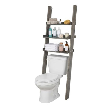 MyGift Over The Toilet Storage Ladder Shelf, 3 Tier Wood Bathroom Organizer, Above The Storage Shelves Leaning Rack Stand Gray