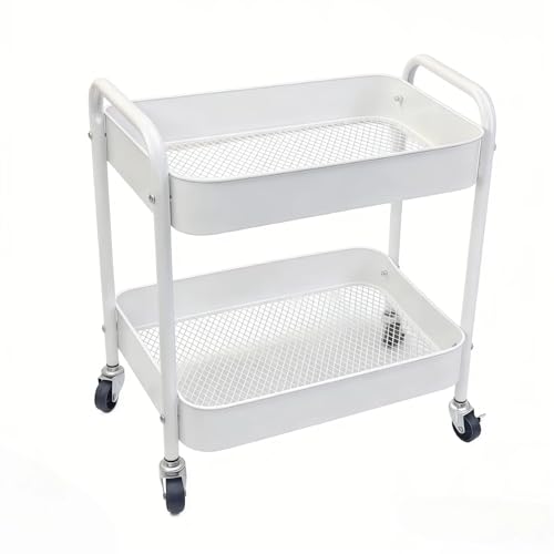 Under Desk Storage Cart 2 Tier Utility Rolling Cart with Wheels, Small Metal Mobile Trolley with Handle Two Tiered Utility Organizer Roller for Kitchen Office Bathroom Pantry Room, White - color: White