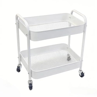 Under Desk Storage Cart 2 Tier Utility Rolling Cart with Wheels, Small Metal Mobile Trolley with Handle Two Tiered Utility Organizer Roller for Kitchen Office Bathroom Pantry Room, White - color: White