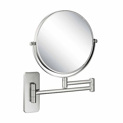 Circular Wall Mount Makeup Mirror, Dual-Sided 1x/5x Magnifying Mirror with Extendable Arm, 360° Swivel, Solid Brass Construction for Durability and Style (Brushed Nickel, KMM100) - color: Brushed Nickel