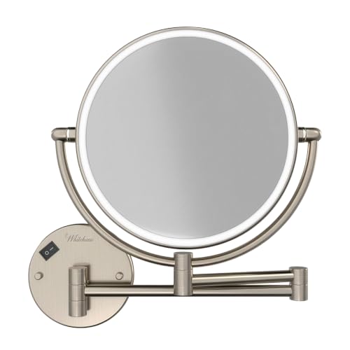 Whitehaus Wall-Mounted LED Magnifying Mirror – 8” Dual-Sided Mirror with 7X Zoom, Extendable Arm, Touch-Activated Light, Brushed Nickel - color: Brushed Nickel