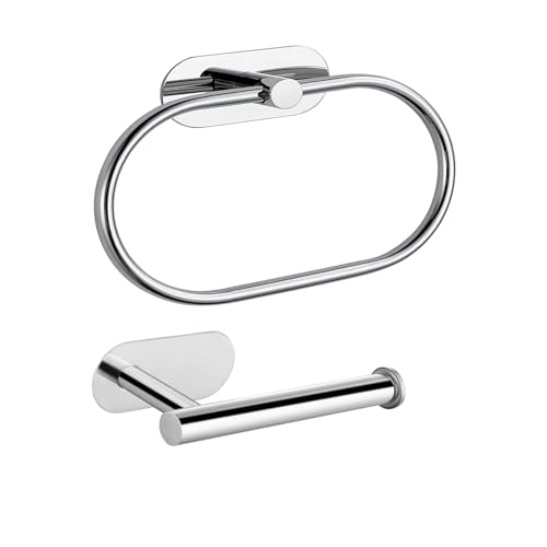Toilet Paper Holder/Towel Ring Self Adhesive, Eolax No Drilling Chrome Bathroom Hardware Accessories, Stainless Steel Sticky Toilet Roll Hanger and Hand Towel Holder, 2 Pieces - color: Chrome