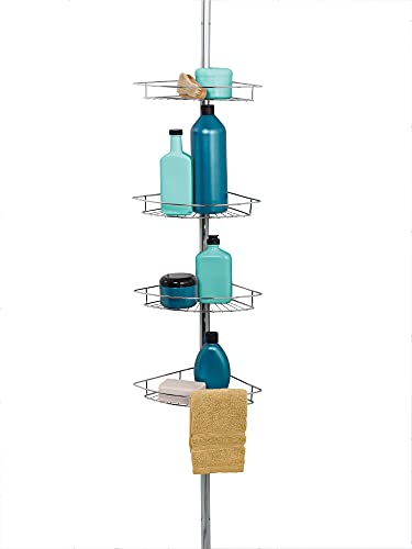 Zenna Home Tension Pole Shower Caddy, Adjustable Corner Shower Storage System with 4 Baskets and Built in Towel Bar, Rust-Resistant Bathroom Organization Solution, 60 to 97 Inch, Chrome