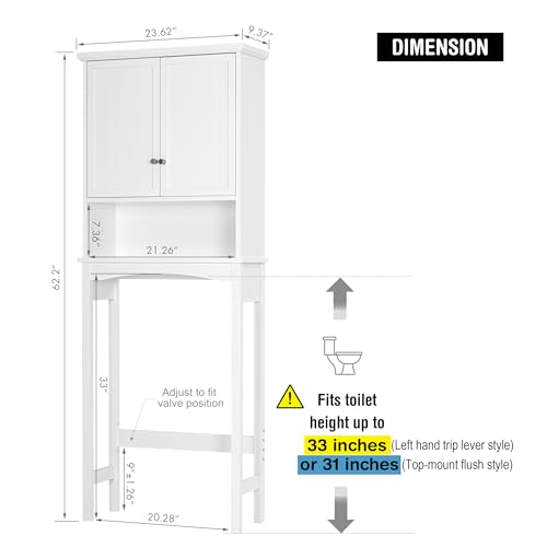 UTEX Over the Toilet Storage Cabinet with Doors, Adjustable Shelf, White | Raised-Panel Doors, Adjustable Interior Shelf, Open Storage, Anti-Tip Device, 33-Inch Clearance, FSC-Certified Wood
