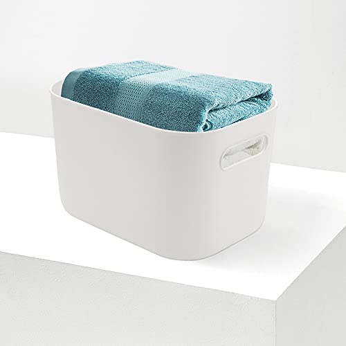 JOIKIT 4 Pack White Storage Bins with Handles, White Bathroom Kitchen Organizer Bin, White Plastic Vanity Storage Bins for Hand Soap, Body Washes, Towels, Shampoos, Lotions, Bath Balls, 10x7x6.3 Inch - size: 4PCS with Handles