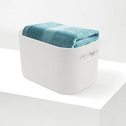 JOIKIT 4 Pack White Storage Bins with Handles, White Bathroom Kitchen Organizer Bin, White Plastic Vanity Storage Bins for Hand Soap, Body Washes, Towels, Shampoos, Lotions, Bath Balls, 10x7x6.3 Inch - size: 4PCS with Handles