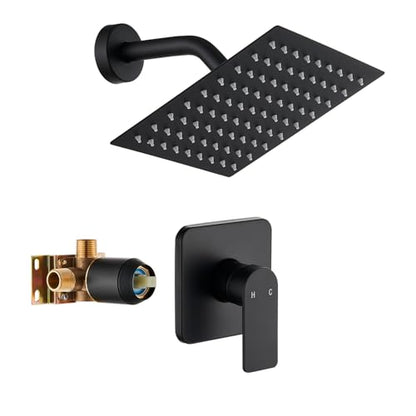Black Shower Faucet Single Function Trim Kit with Rough-in Valve Set Bath Rainfall Shower System 8inch Square Stainless Steel Metal Shower Head - color: Matte Black