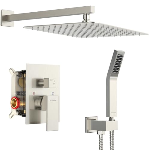 SR SUN RISE 12 Inches Bathroom Luxury Rain Mixer Shower Combo Set Wall Mounted Rainfall Shower Head System Brushed Nickel Finish Shower Faucet Rough-In - color: Brushed Nickel, size: 12 Inch