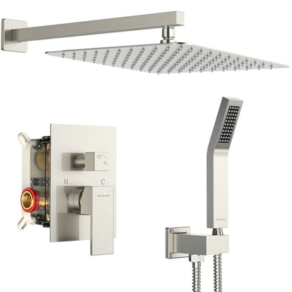 SR SUN RISE 12 Inches Bathroom Luxury Rain Mixer Shower Combo Set Wall Mounted Rainfall Shower Head System Brushed Nickel Finish Shower Faucet Rough-In - color: Brushed Nickel, size: 12 Inch