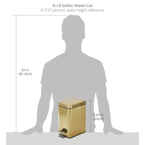 mDesign Slim Metal Rectangle 0.8 Gallon Trash Can with Step Pedal, Easy-Close Lid, Removable Liner - Narrow Wastebasket Garbage Container Bin for Bathroom, Bedroom, Kitchen, Office - Soft Brass - color: Soft Brass, size: .8 Gallon