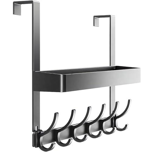 Inmorven Over The Door Hooks Organizer, Hanger Storage with 6 Hooks & 1 Mesh Baskets, Back of Door Storage for Towels, Coats, Clothes - Space Saving Hanging Rack for Bathroom,Living Room,Kitchen