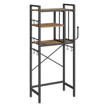 Over The Toilet Storage Rack, 3-Tier Bathroom Organizer Shelf, Above Toilet Storage with Paper Holder 8 Hooks, Over The Toilet Storage Cabinet for Bathroom, Laundry, Rustic Brown and Black TR06BR