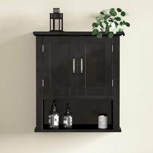 ChooChoo Wood Bathroom Wall Cabinet with Door, Black Medicine Cabinet | Rustic Over The Toilet Storage Cabinet, Adjustable Shelf, Open & Concealed Storage, 7.5 x 21.6 x 24 Inches - color: Black