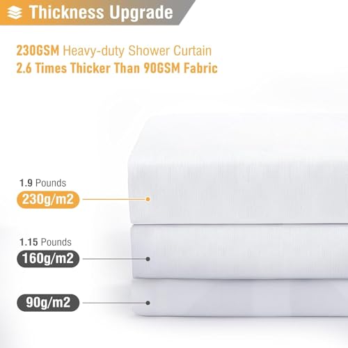 72x90 Linen Textured Waterproof Thick Fabric Shower Curtain Set, White | Long Size, 230GSM Polyester, Heavy Duty Cloth, Weighted Hem, 12 Plastic Hooks, Modern Luxury Hotel Style, Machine Washable - color: White, size: 72"W x 90"L (Pack of 1)