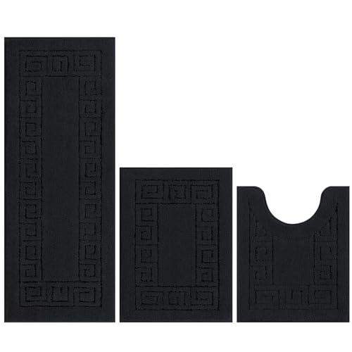 Pauwer Bathroom Rugs Sets 3 Piece, Plush Absorbent Bath Rug, Black | Microfiber Bath Mat Set, Non Slip Washable, Quick Dry Floor Carprt, Soft U Shaped Toilet Mats For Bathroom Shower Sink - color: Black