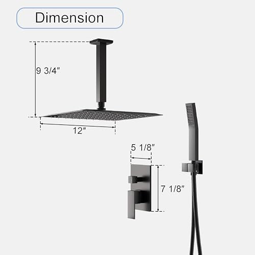 WELLFOR 12-In Ceiling Mount Shower System with Single Handle, Pressure-balanced Valve Included, Waterfall Dual Head Shower Head System, Rain Shower System, Shower Faucet Trim Kits, Matte Black - color: Matte Black, style: Ceiling Mount 12-Inch