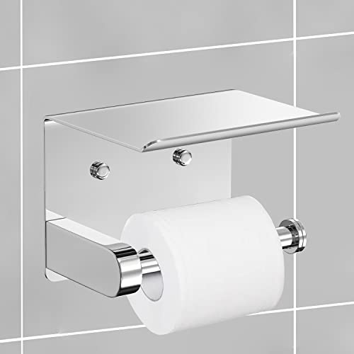 VAEHOLD Self Adhesive Toilet Paper Holder with Phone Shelf Stainless Steel Wall Mounted Toilet Paper Roll Holder - Bathroom Washroom Tissue Roll Holder with Storage Shelf - Bright Surface - color: Bright Surface
