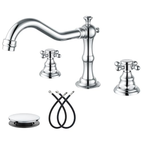 gotonovo 3 Hole 8’’ Widespread Bathroom Sink Faucet Polished Chrome | Vintage Bathroom Faucet,2 Cross Handle,6-16’’ Sink,Vanity,Basin,RV,Farmhouse,SUS304,24’’ cUPC Hose Pop Up Drain,Deck Mount - color: Chrome