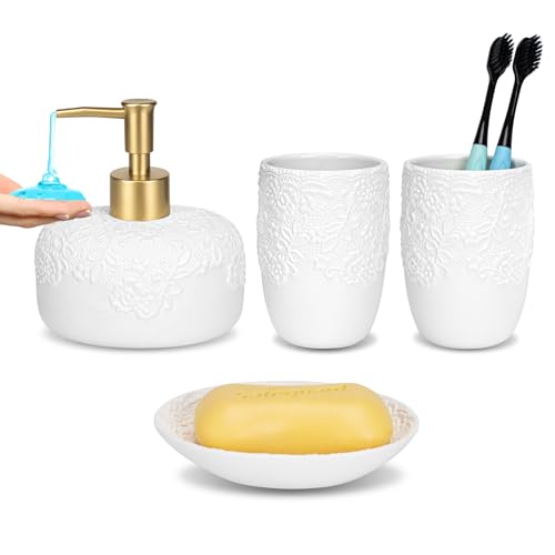Bathroom Accessories Set, 4pcs Ceramic with Embossed Design Look Sets Bathroom Soap Dispenser with Rust-Proof Plastic Pump 13.5oz & 2Pcs Ceramic Cup, 1Pcs Soap Dish - color: White-gold