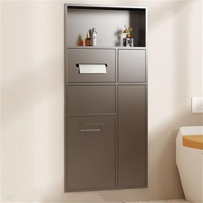 Recessed Toilet Niche with Trash Can and Paper Holder, Stainless Steel Wall-Mounted Bathroom Storage Cabinet, Modern Space-Saving Hidden Design for Bathroom, Kitchen, Hotel(Gray) - color: Grey