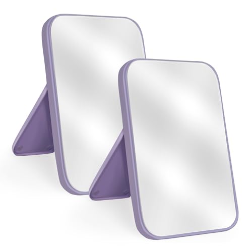2Pcs Table Desk Vanity 8-Inch Makeup Mirror, Simple Portable Travel Mirror with Stand, Standing and Wall Hanging Dual-use Purple - color: 2pcs-purple