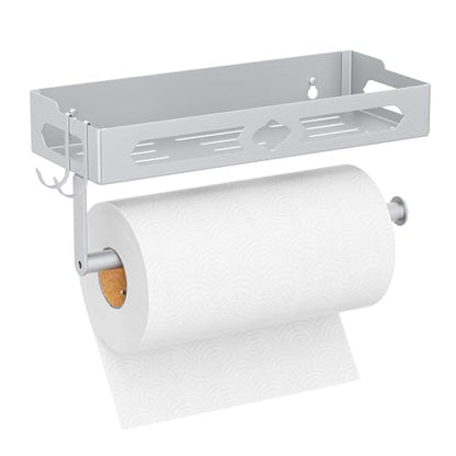 Wall Mount Paper Towel Holder with Shelf for Bathroom Kitchen,Silver 2Hooks | Metal Spice Rack, Easy One-Hand Tear Design Mounted Hanging Hand Paper Towel Roll Holder for RV, Home(Self Adhesive or Drill) - color: Silver