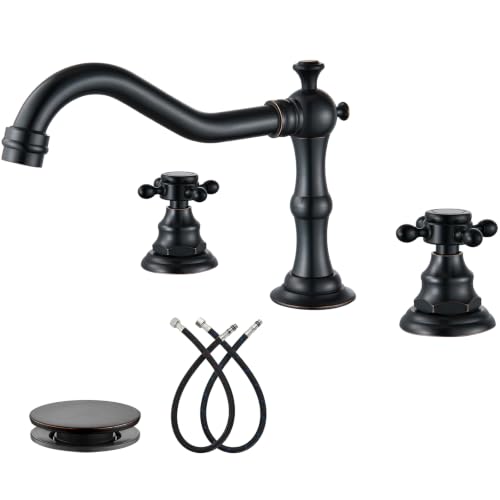 gotonovo 3 Hole 8’’ Widespread Bathroom Sink Faucet Oil Rubbed Bronze | Vintage Bathroom Faucet,2 Cross Handle,6-16’’ Sink,Vanity,Basin,RV,Farmhouse,SUS304,24’’ cUPC Hose Pop Up Drain,Deck Mount - color: Bronze