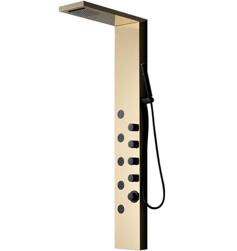 Brushed Gold Stainless Steel Rainfall Shower Panel, Wall Mount Shower Tower, 5 High Pressure Body Jets, Gold - color: Gold