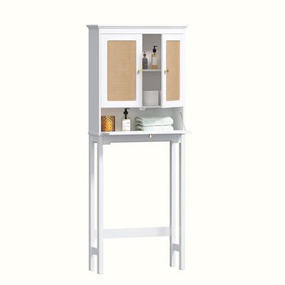 Spirich Over the Toilet Storage Cabinet with Hand-Woven Rattan Doors, White | Tilt-Out Storage Cube, Adjustable Shelf, 33-Inch Toilet Clearance, Anti-Tip Bracket, Bathroom Organizer for Toiletries - style: Rectangular