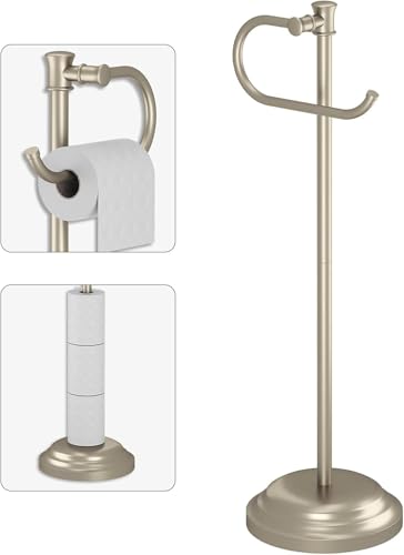 Toilet Paper Holder Floor Stand, Bathroom Freestanding Nickel | Toilet Tissue Roll Holder, Free Standing Rack with Storage, Weighted Base Accessories, SUS304 Stainless Steel Rustproof - color: Nickel