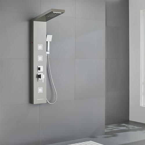 5-in-1 LED Shower Panel Tower System Stainless Steel | Rainfall + waterfall heads | 3 massage sprays | Handheld shower | Waterfall tub spout | LED lights | Wall mount - color: Brushed Nickel