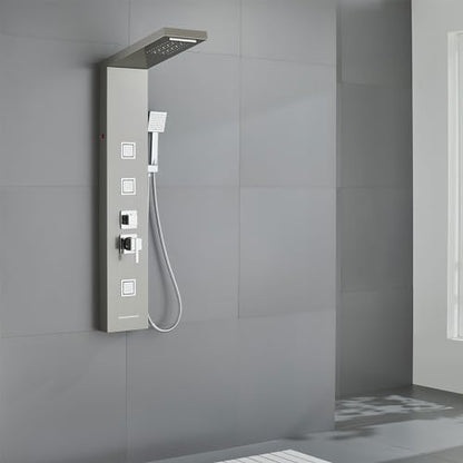 5-in-1 LED Shower Panel Tower System Stainless Steel | Rainfall + waterfall heads | 3 massage sprays | Handheld shower | Waterfall tub spout | LED lights | Wall mount - color: Brushed Nickel