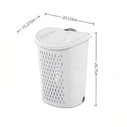 Plastic Laundry Basket, Clothes Hamper with Lid & Wheels, Dirty Clothes Hamper with Handle for Laundry room, Bathroom, Dormitory, White