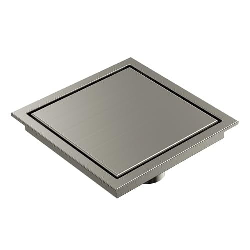 6 Inch Square Shower Floor Drain, Brushed Nickel SUS304 Stainless Steel Grid Grate with X-Shaped High Flow Channel, Anti-Clogging Hair Strainer, Standard 2" Outlet | Reversible flat & tile-in cover, anti-odor auto-seal core, burr-free smooth edges for bar