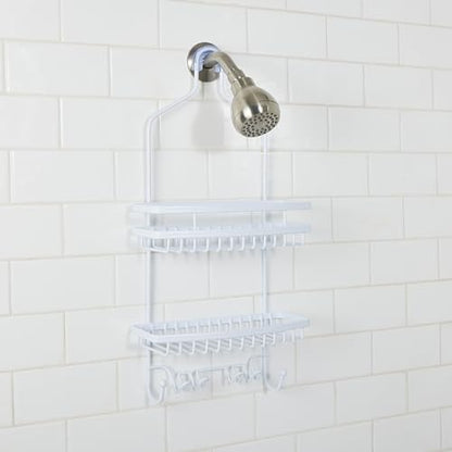 Bath Bliss Shower Head Caddy, Suction Cup Backing, 2 Tier Shelving & 6 Accessory Hooks, White (23386-WHITE) - color: White