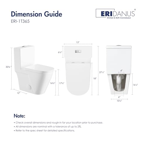 One Piece Toilet Elongated Dual Flush, 17.3" ADA Seat, White | ADA Compliant 17.3" chair height with soft close seat, Dual flush 1.1/1.6 GPF, Elongated toilet bowl, 12" rough-in, White - color: White 365Model