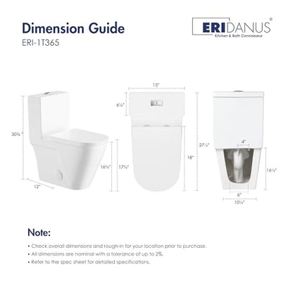 One Piece Toilet Elongated Dual Flush, 17.3" ADA Seat, White | ADA Compliant 17.3" chair height with soft close seat, Dual flush 1.1/1.6 GPF, Elongated toilet bowl, 12" rough-in, White - color: White 365Model