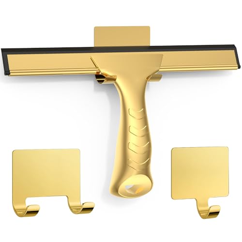 All-Purpose Shower Squeegee for Shower Glass Doors with 2 Adhesive Hook, Stainless Steel Squeegee for Bathroom, Household Window, Mirrors, Tiles and Car Windows 10 Inches, Clear, Golden