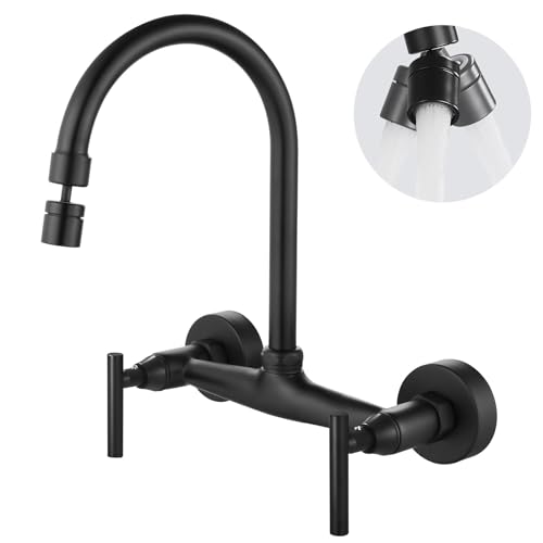 Airuida 8 Inch Center Matte Black Wall Mounted Kitchen Sink Faucet | 360° Degree Swivel Spout,Double Handle,Wall Mount Utility Sink Faucet - color: Matte Black