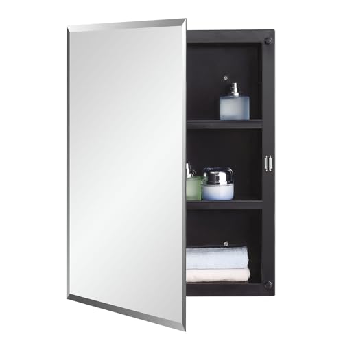 Black Plastic Bathroom Medicine Mirror Cabinet Beveled Edge, 16 x 20 inch, Surface and Recessed Mount - color: Black, size: 16x20 inch Beveled Edge Mirror