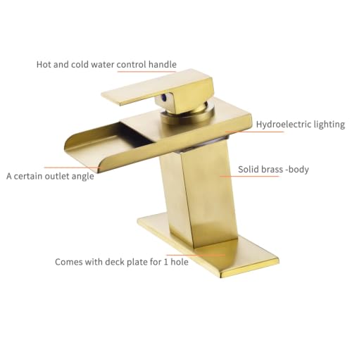 LED Waterfall Bathroom Faucet, Brushed Gold RV Bath Vanity Faucet for Sinks - 1 or 3 Hole Mount