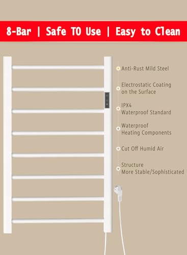 Heated Towel Rack, 8-Bar Towel Heater, Wall Mounted/Freestanding Design Towel Warmer, White