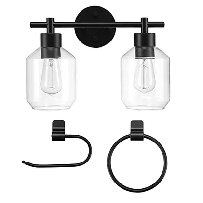 Globe Electric 3-Piece Powder Room Set, Matte Black, 2-Light Vanity with Clear Glass Shades and Matching Hardware, 51850 - color: Matte Black, Clear Glass, 2-Light