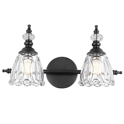Matte Black Vanity Light, Farmhouse Bathroom Light Fixtures, 2 Light Bathroom Vanity Lights, Flower Glass Shade Wall Sconce Lighting - color: Black, size: 2 light