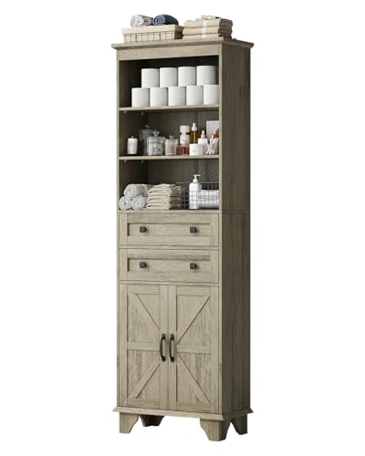 72" Farmhouse Storage Cabinet, Tall Bathroom Cabinet with 2 Drawers, Adjustable Shelves and Barn Door, Freestanding Cabinets for Bathroom, Living Room, Kitchen, Grey - color: Grey