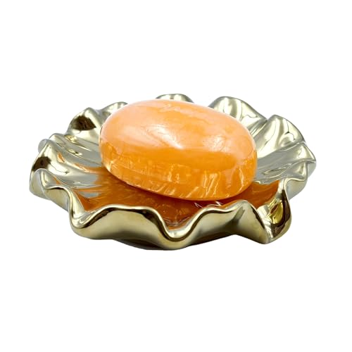 Ceramic Soap Dish Self-Draining Lotus Leaf Soap Holder Soap Saver for Bathroom,Kitchen,Sink,Bathtub(Gold) - color: Gold