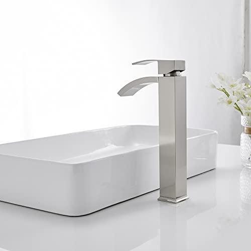 Brushed Nickel Vessel Sink Faucet, Waterfall Bathroom Faucets | Brass, Tall Spout, Single Handle 1 Hole Bathroom Faucet, Modern Basin Taps with Supply Line, Pop Up Drain, Without Overflow - color: Brushed Nickel, size: Tall