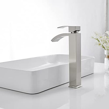Brushed Nickel Vessel Sink Faucet, Waterfall Bathroom Faucets | Brass, Tall Spout, Single Handle 1 Hole Bathroom Faucet, Modern Basin Taps with Supply Line, Pop Up Drain, Without Overflow - color: Brushed Nickel, size: Tall