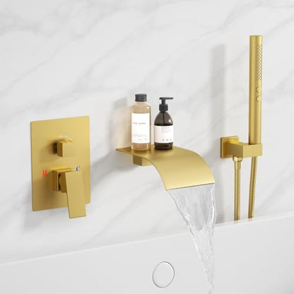 RUMOSE Wall Mount Bathtub Faucet Waterfall Tub Faucet with Handheld Sprayer | Gold, 2 in 1 Handheld, Modern Bathroom Tub Filler Brass Single Handle Shower Faucet Set, High Flow Rough in Valve - color: Gold